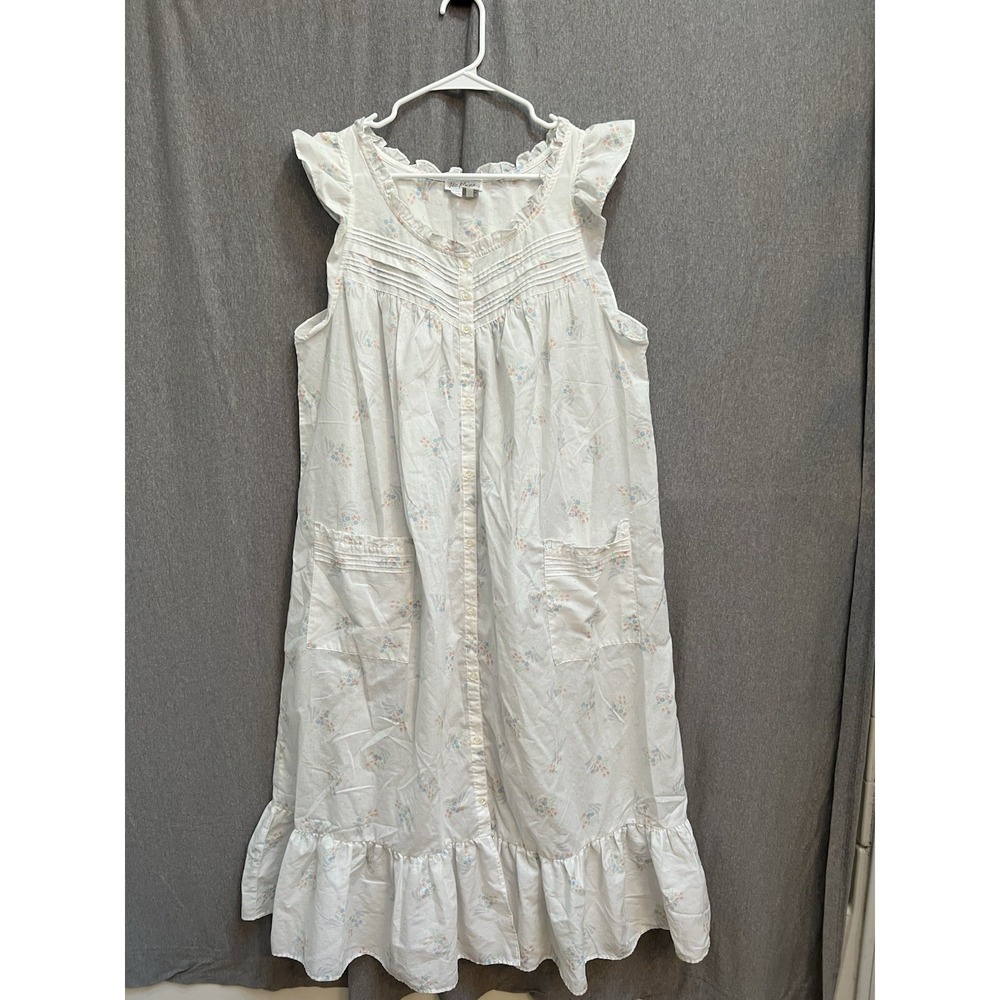 Vintage Miss Elaine Long Nightgown Sz L Ruffles Floral Pockets Cottage